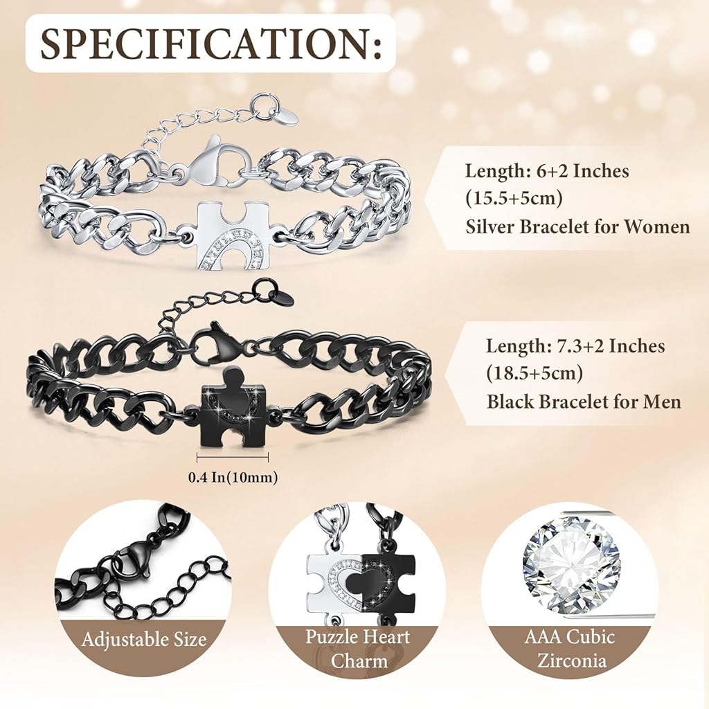 SANNIDHI® Matching Bracelets for Couples Long Distance Relationship Gifts Stainless Steel His & Hers Couple Bracelet With Puzzle-Heart Design for Anniversary, Birthday, Engagement SANNIDHI® Matching Bracelets for Couples Long Distance Relationship Gifts Stainless Steel His & Hers Couple Bracelet With Puzzle-Heart Design for Anniversary, Birthday, Engagement